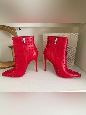 Red Studded Pointed-Toe Stiletto Ankle Boots - Women's Heeled Boots